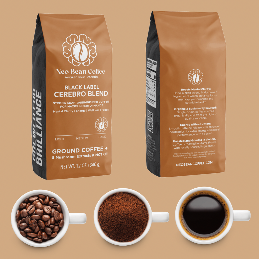 Neobean Black Label Cerebro Blend - Mushroom Coffee - Adaptogen Coffee with 8 Mushrooms & MCT Oil