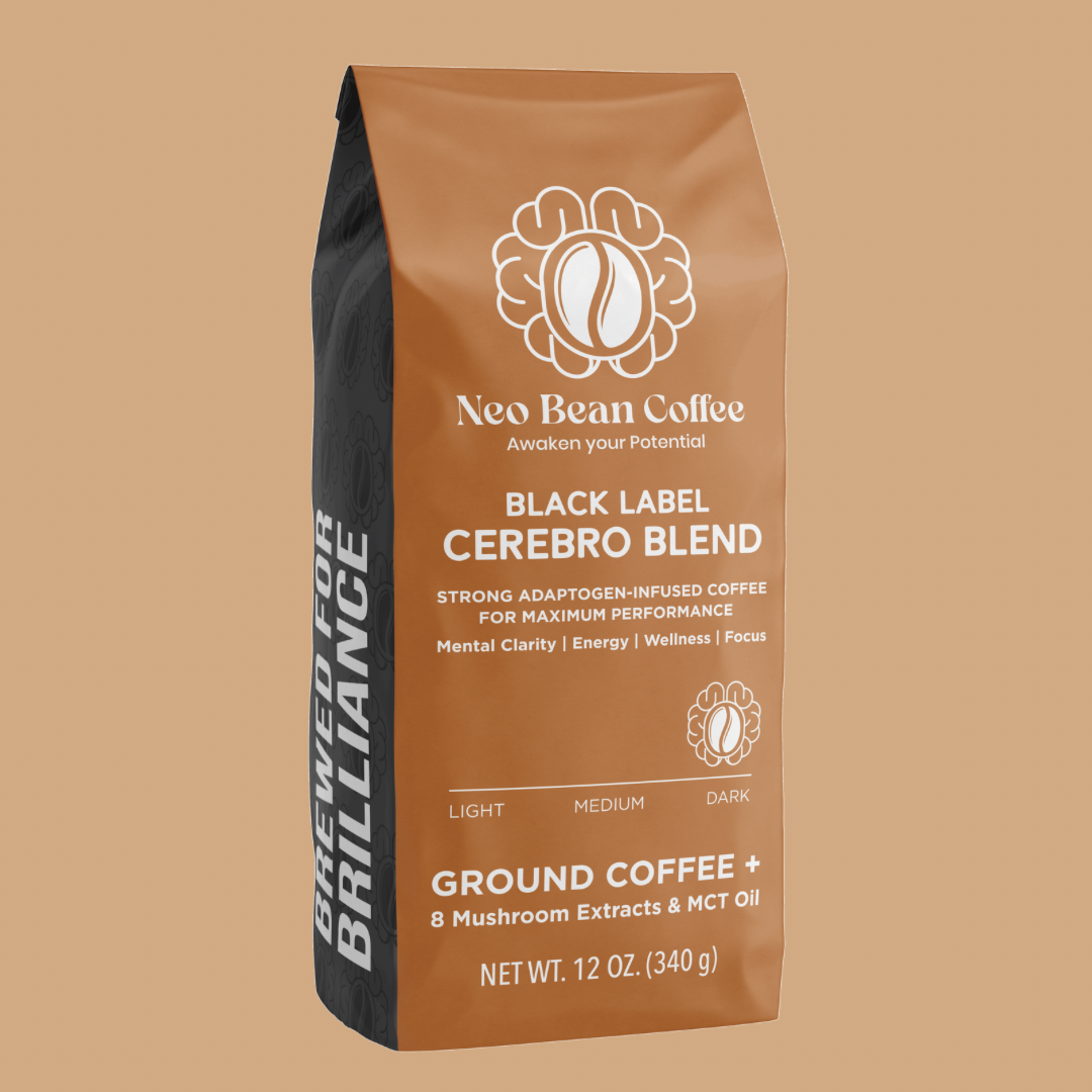 Neobean Black Label Cerebro Blend - Mushroom Coffee - Adaptogen Coffee with 8 Mushrooms & MCT Oil