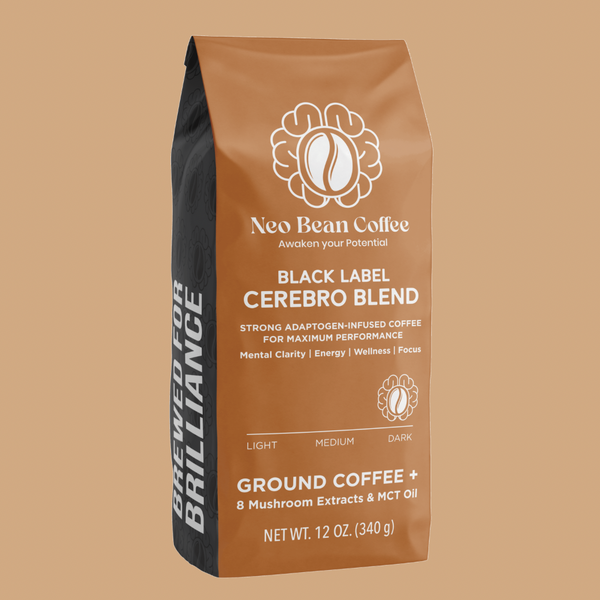 Neobean Black Label Cerebro Blend - Mushroom Coffee - Adaptogen Coffee with 8 Mushrooms & MCT Oil